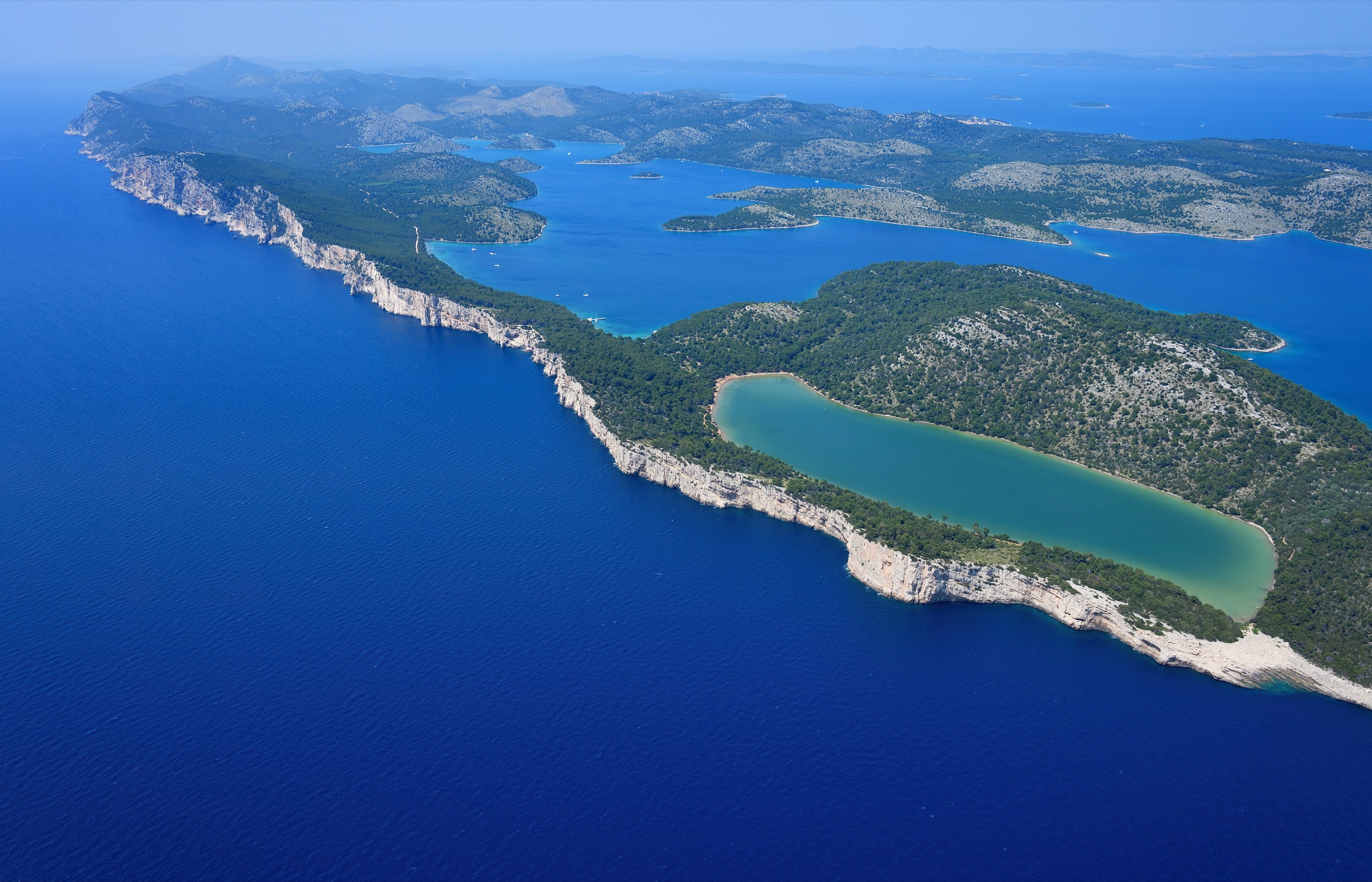 Telašćica Nature Park from the air: Mir lake and the cliffs of Dugi otok